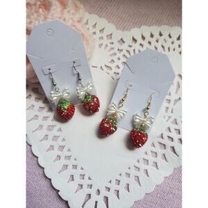 strawberry glam silver and gold fish hook bow kawaii earrings